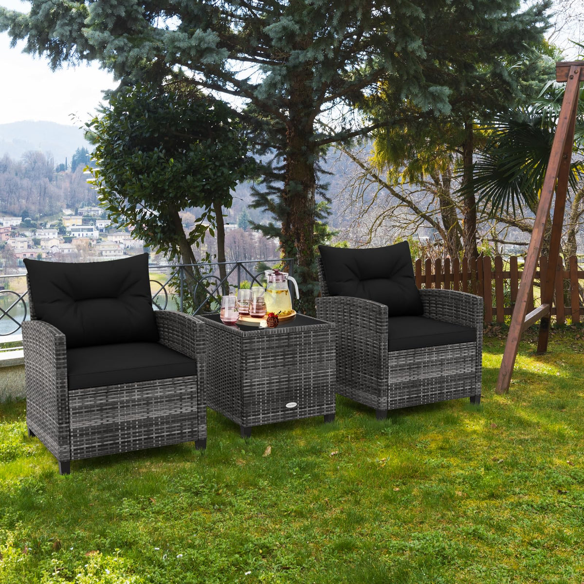 3 Piece Wicker Patio Furniture Set with Glass Topped Table E731