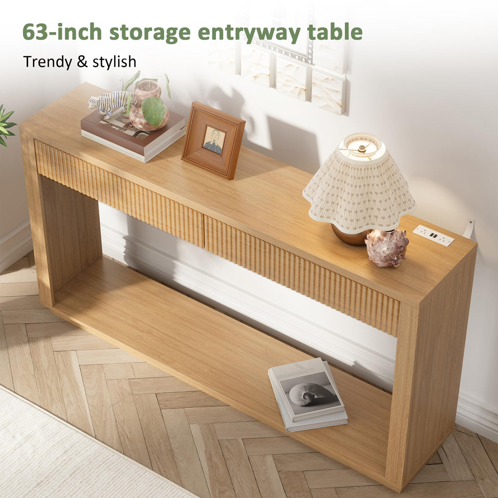 63 Inch Oak Console Table with 2 Drawers A193071