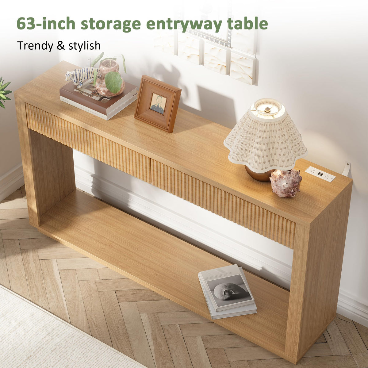 63 Inch Oak Console Table with 2 Drawers A193071