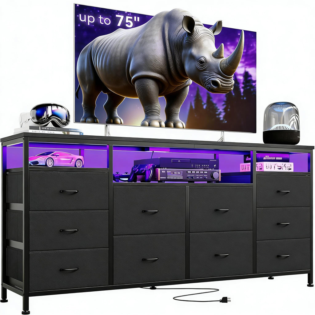 Black 10 Fabric Drawer Dresser with LED Lights & Power Outlets Q596