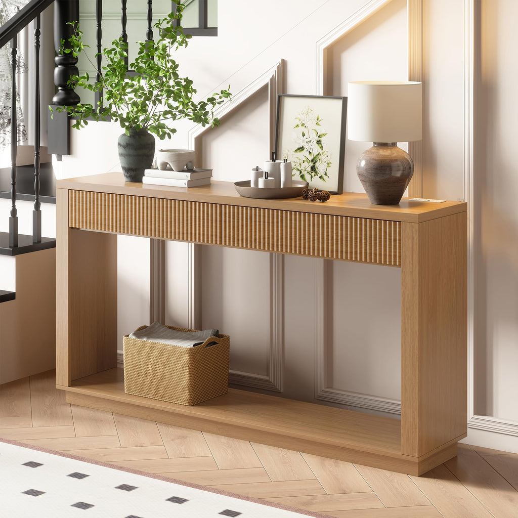 63 Inch Oak Console Table with 2 Drawers A193071