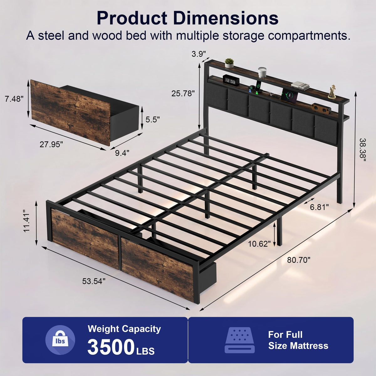 Full Bed Frame with Storage Drawers and LED Lights L357765