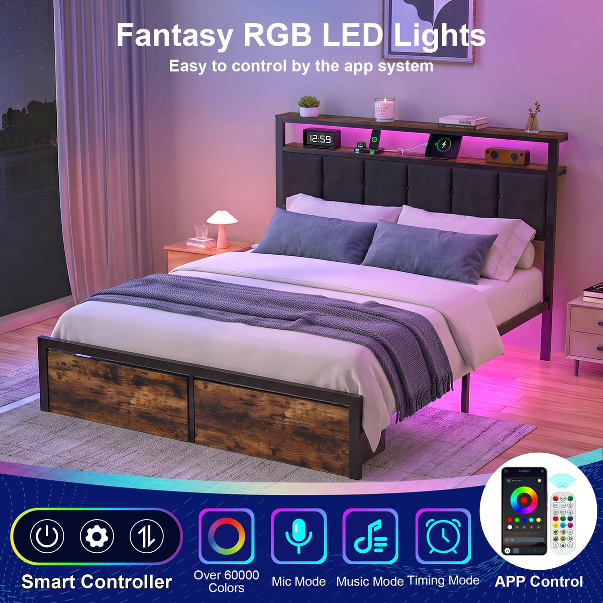 Full Bed Frame with Storage Drawers and LED Lights L357765
