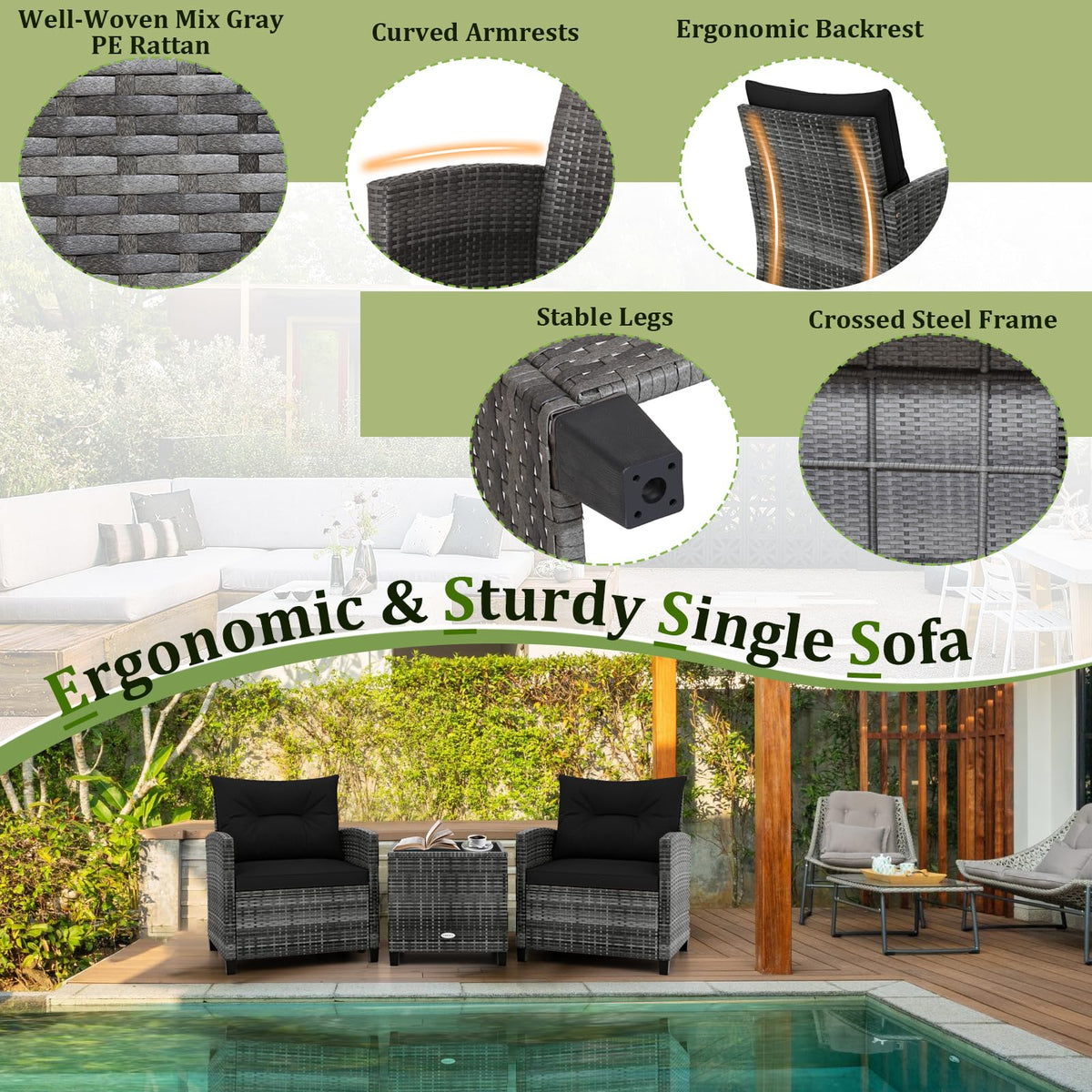3 Piece Wicker Patio Furniture Set with Glass Topped Table E731