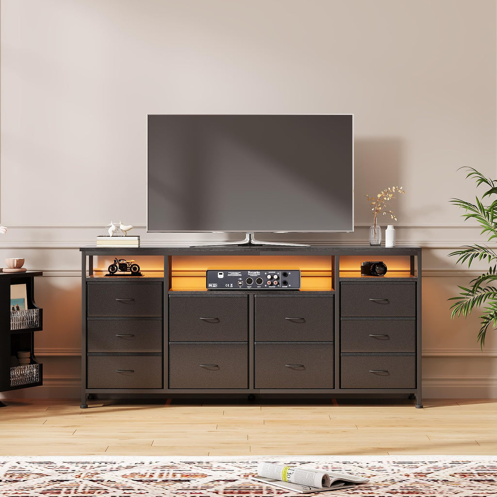 Black 10 Fabric Drawer Dresser with LED Lights & Power Outlets Q596