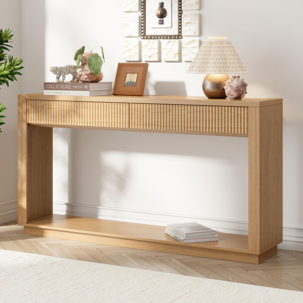 63 Inch Oak Console Table with 2 Drawers A193071