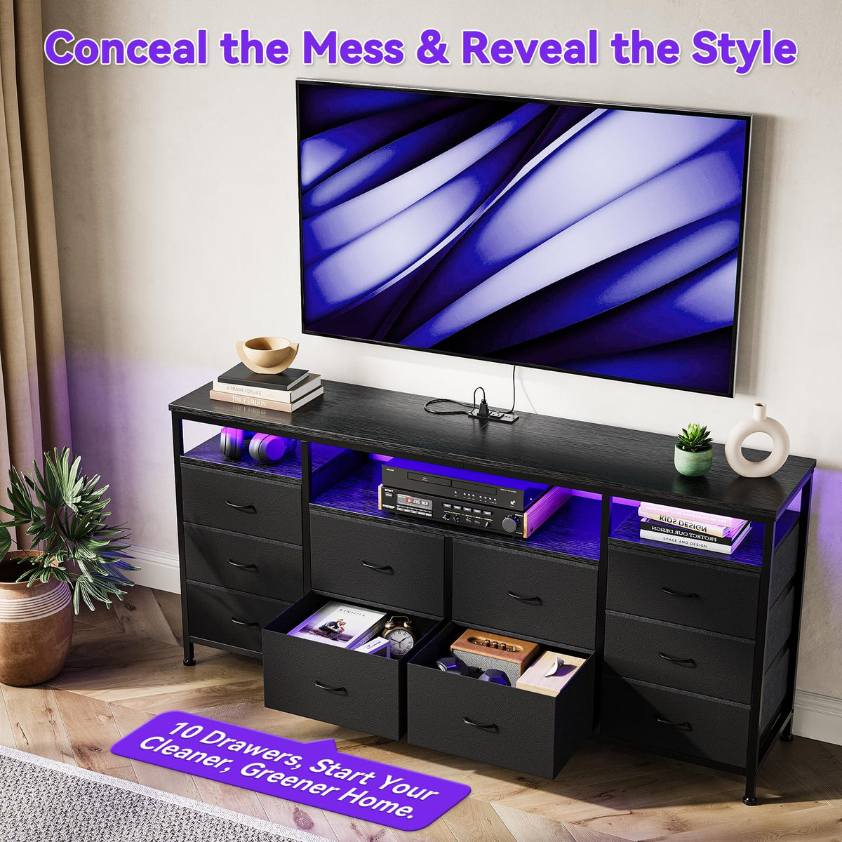 Black 10 Fabric Drawer Dresser with LED Lights & Power Outlets Q596