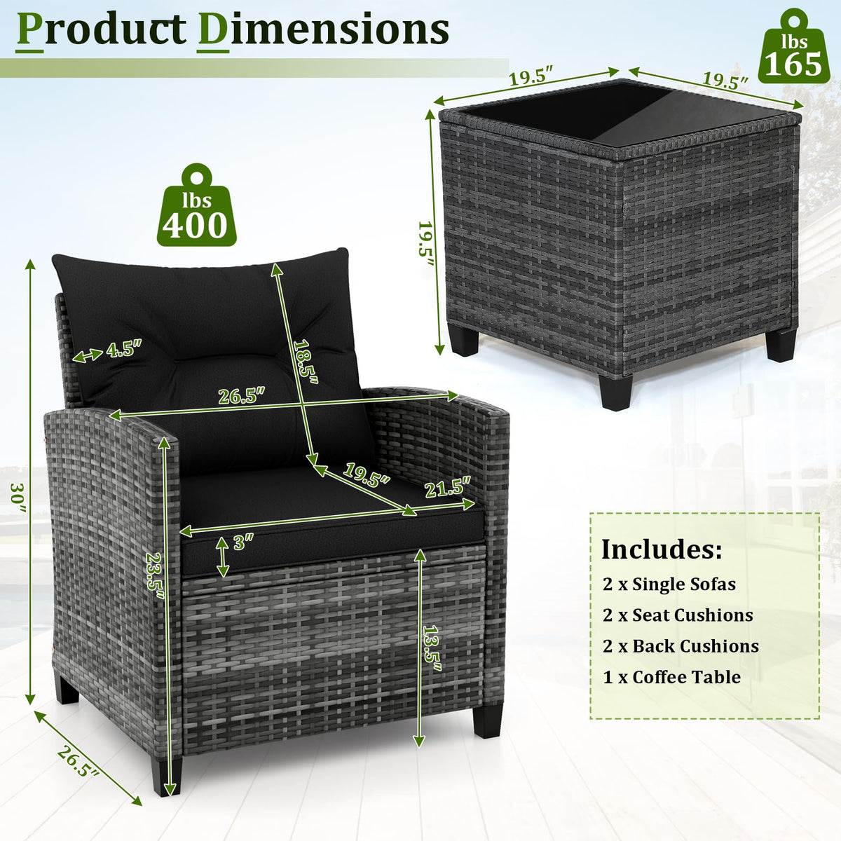 3 Piece Wicker Patio Furniture Set with Glass Topped Table E731