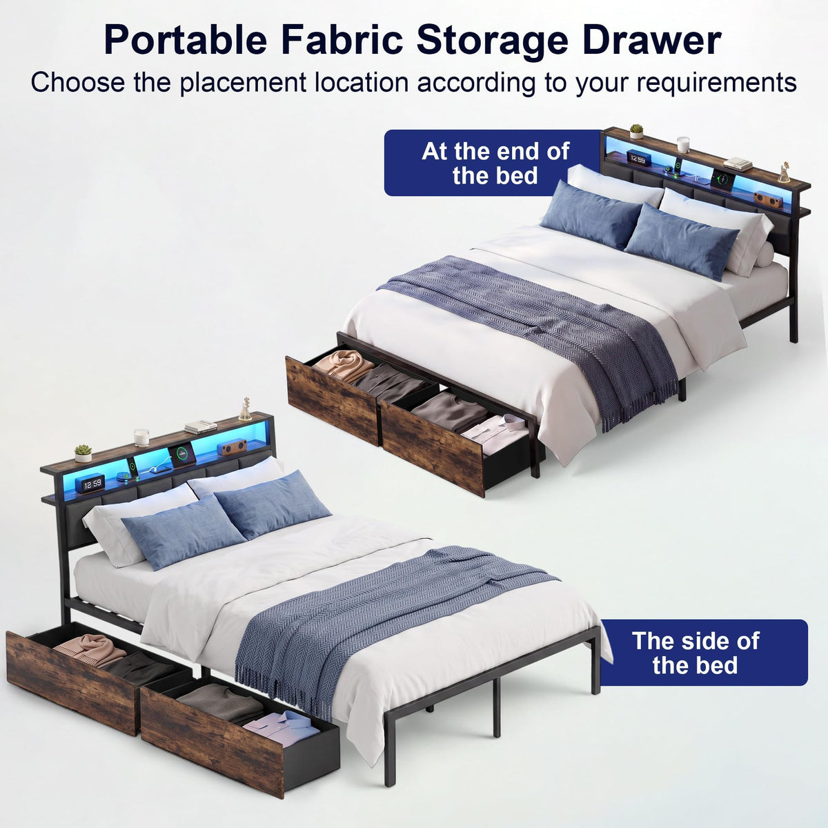 Full Bed Frame with Storage Drawers and LED Lights L357765