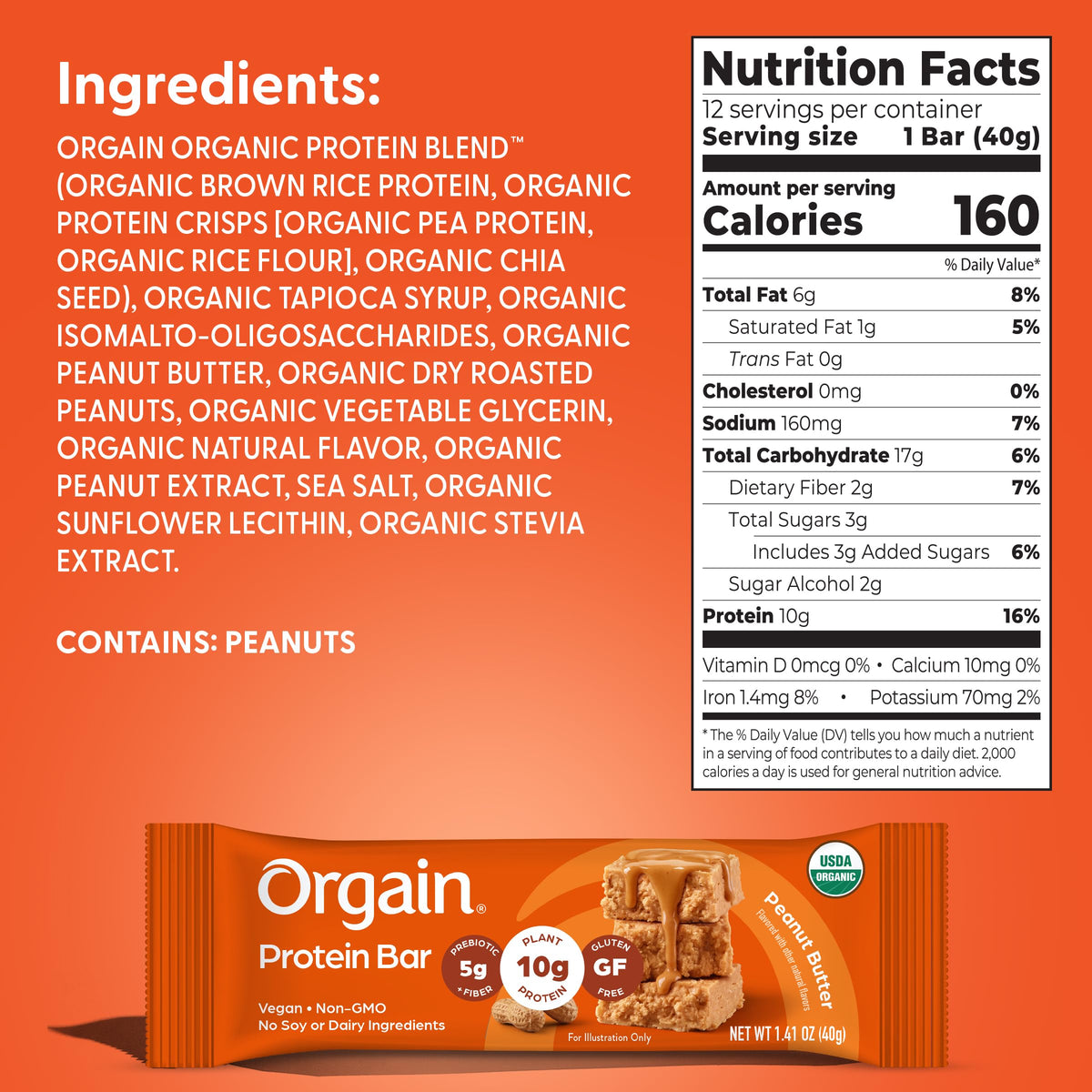 Organic Vegan 10g Protein Bars Peanut Butter 12 Pk E9837