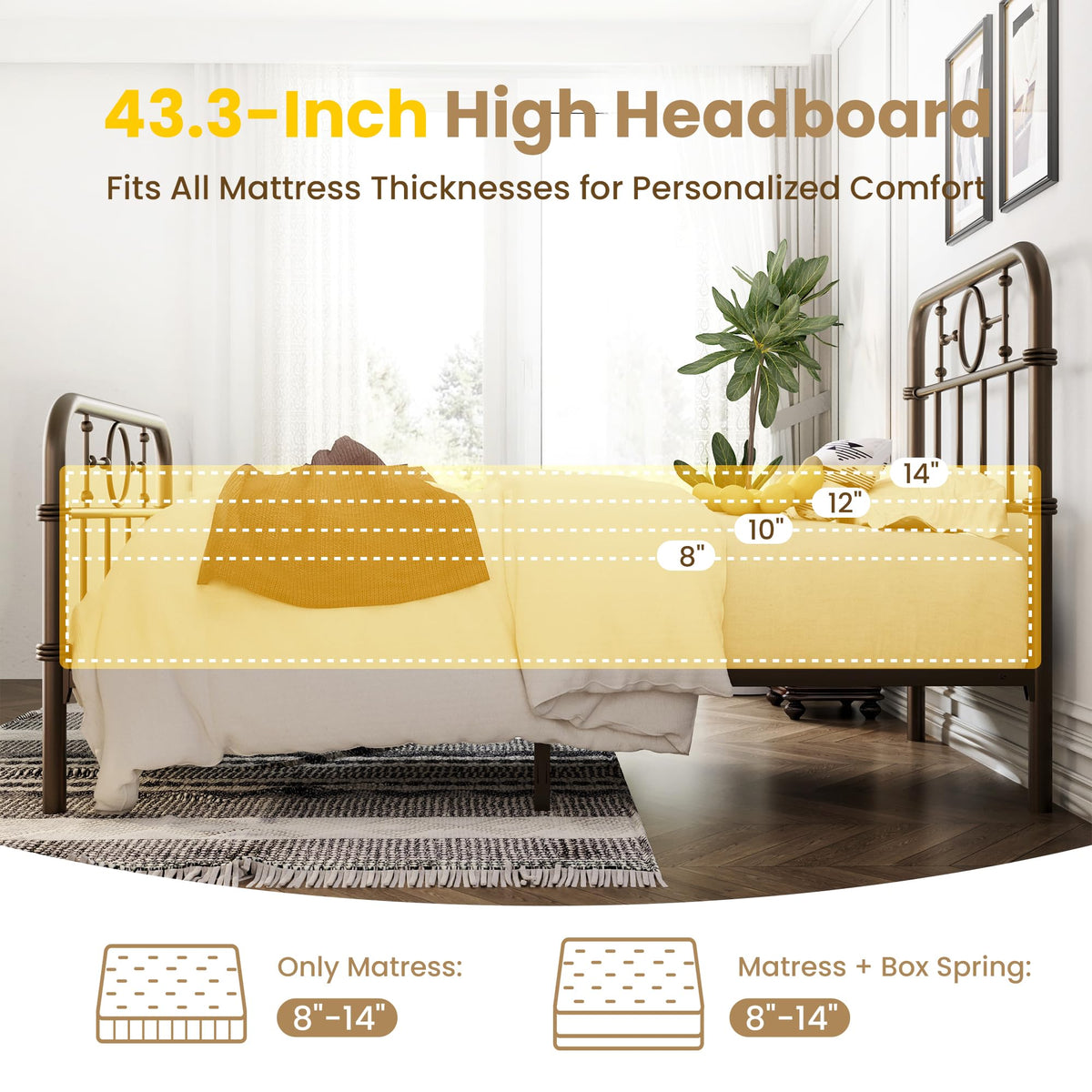 Twin Metal Platform Bed Frame with Vintage Headboard E8999