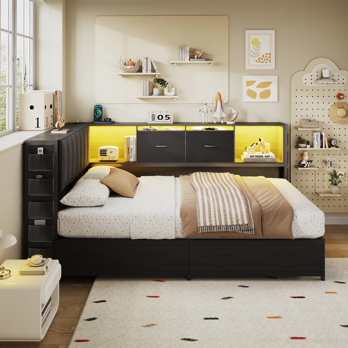 Twin Corner Bed Frame with Upholstered Storage Headboard and Drawers, LED Light and Charging Station, Black I531