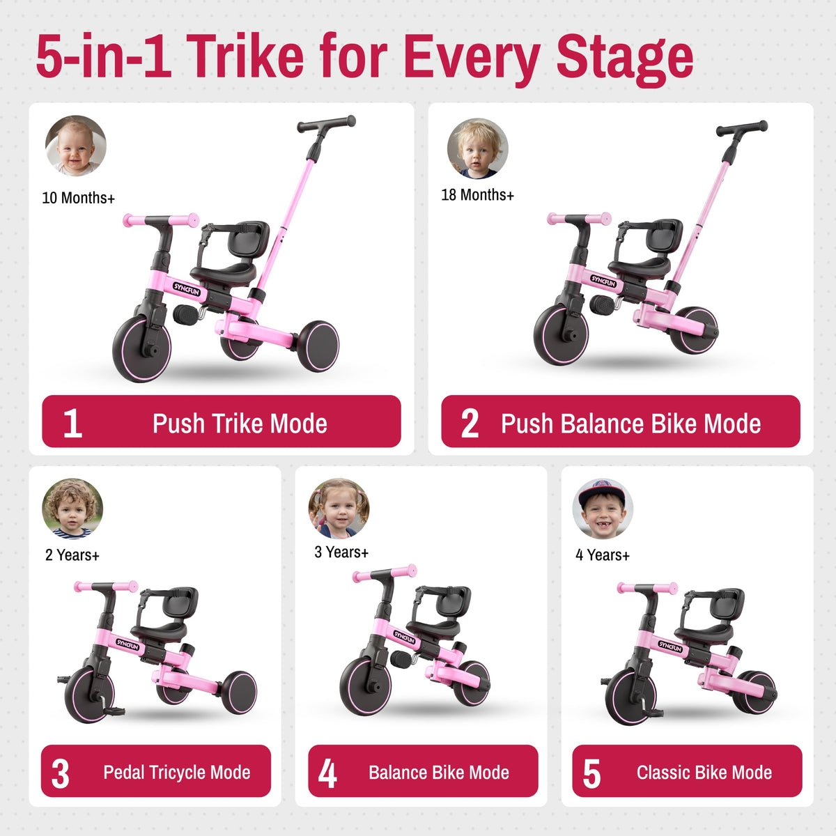 5-in-1 Kids Tricycle with Push Handle, Pink M71924