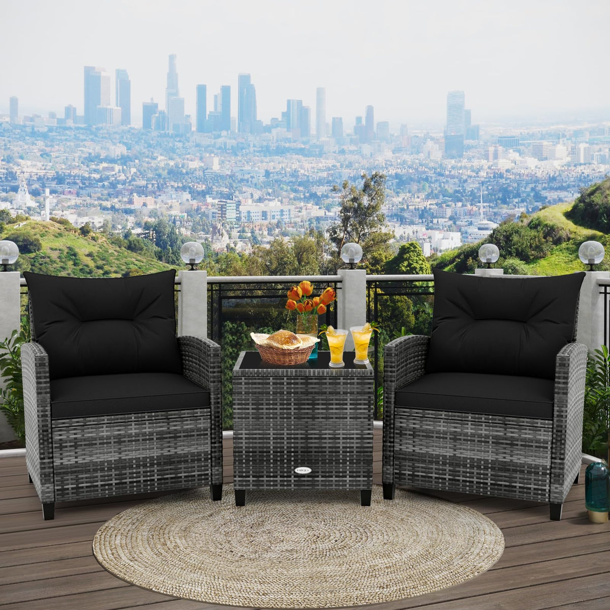 3 Piece Wicker Patio Furniture Set with Glass Topped Table E731