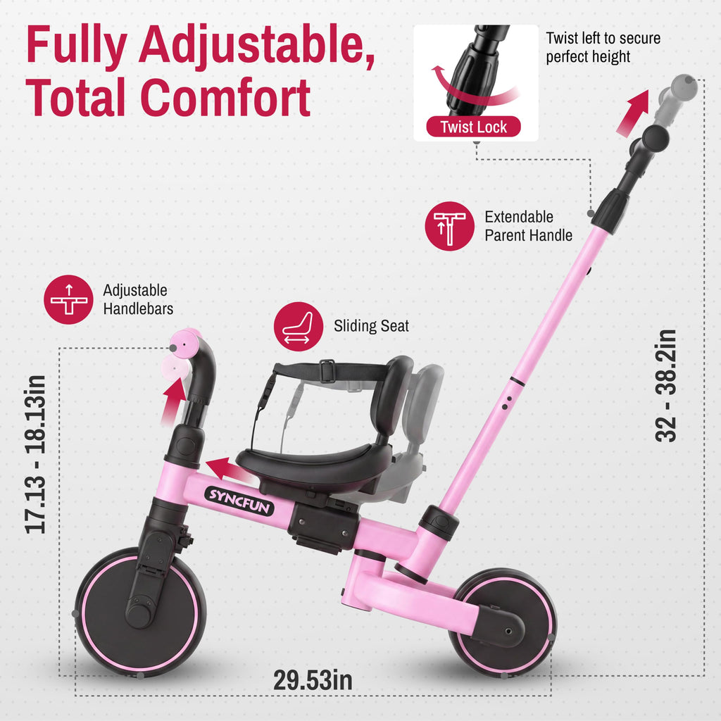 5-in-1 Kids Tricycle with Push Handle, Pink M71924