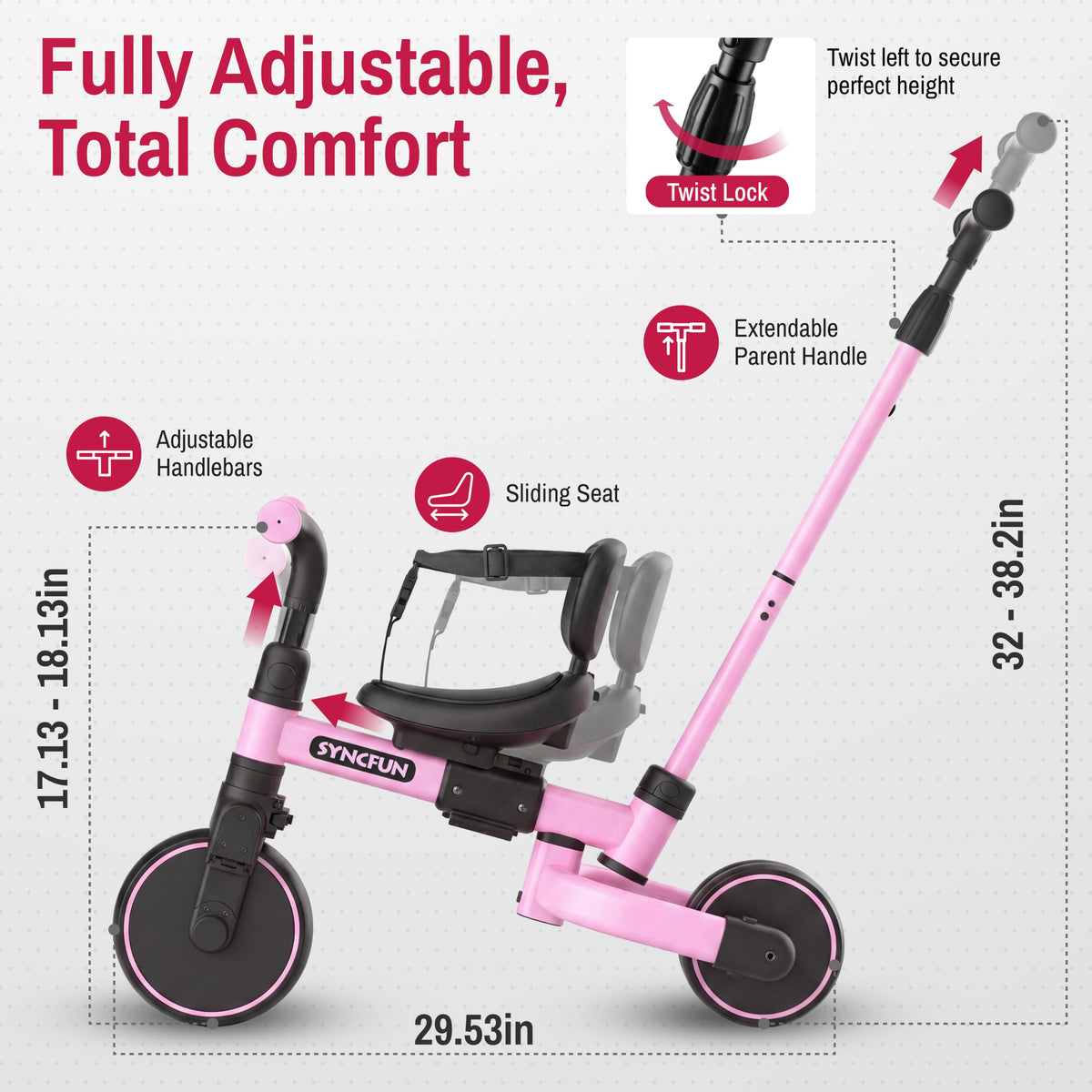 5-in-1 Kids Tricycle with Push Handle, Pink M71924