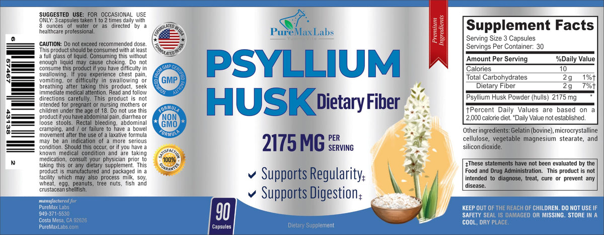 Psyllium Husk Dietary Fiber Supplement 2175mg 90 Capsules R131