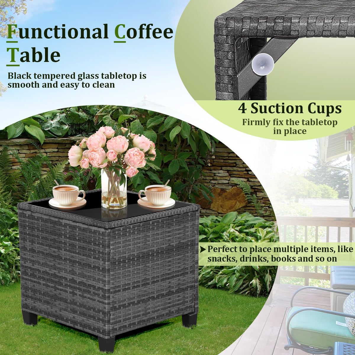 3 Piece Wicker Patio Furniture Set with Glass Topped Table E731
