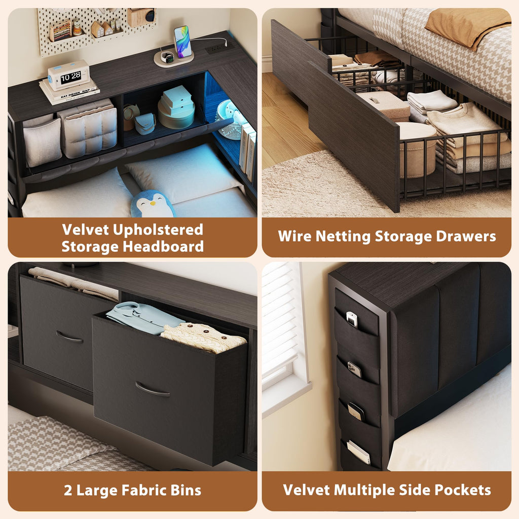 Twin Corner Bed Frame with Upholstered Storage Headboard and Drawers, LED Light and Charging Station, Black I531