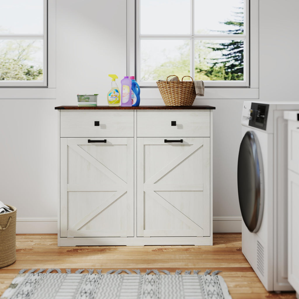 Antique White Laundry Hamper Cabinet with 2 Drawers T509964