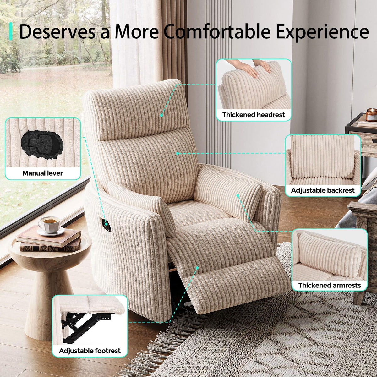 360 Swivel Recliner Chair with 2 Pillows Beige Corduroy N149