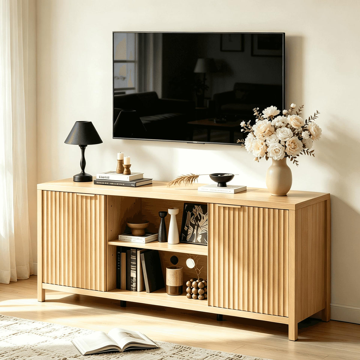 57.8" Oak TV Stand for 70 Inch TV with Adjustable Shelves and Cabinet Storage E437
