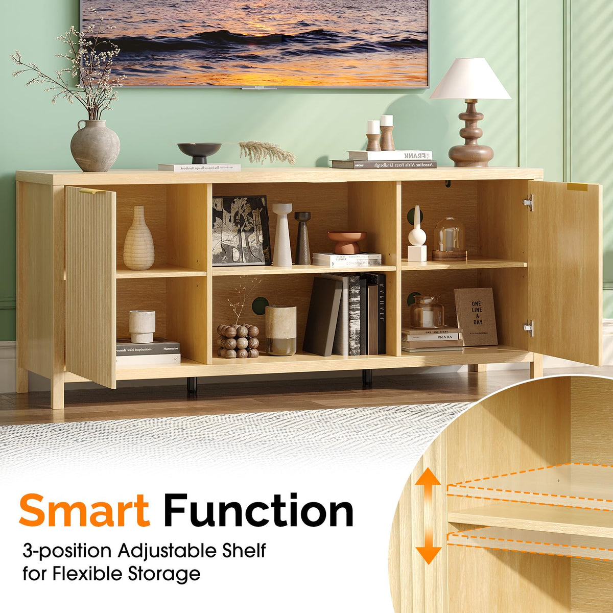 57.8" Oak TV Stand for 70 Inch TV with Adjustable Shelves and Cabinet Storage E437