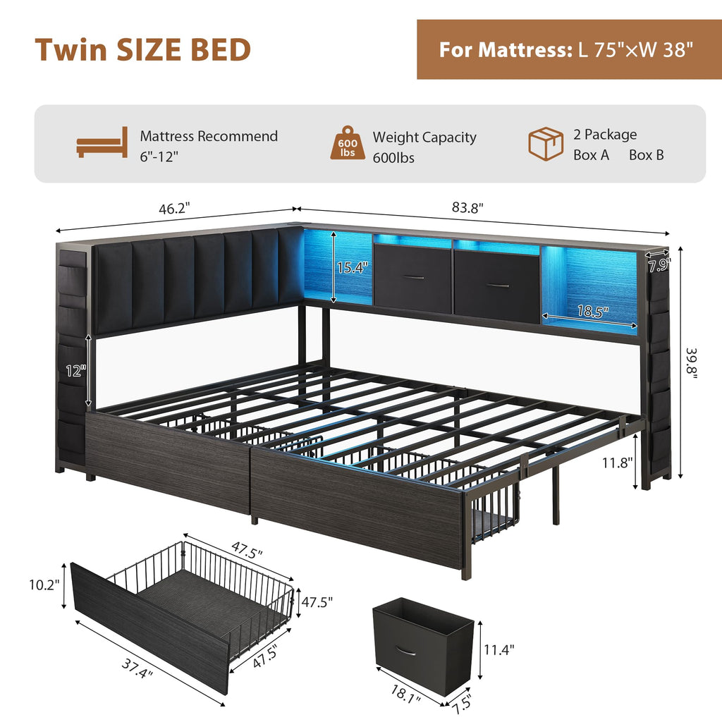 Twin Corner Bed Frame with Upholstered Storage Headboard and Drawers, LED Light and Charging Station, Black I531