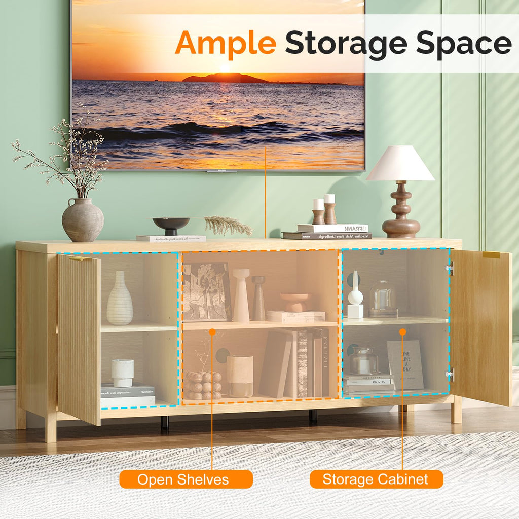 57.8" Oak TV Stand for 70 Inch TV with Adjustable Shelves and Cabinet Storage E437
