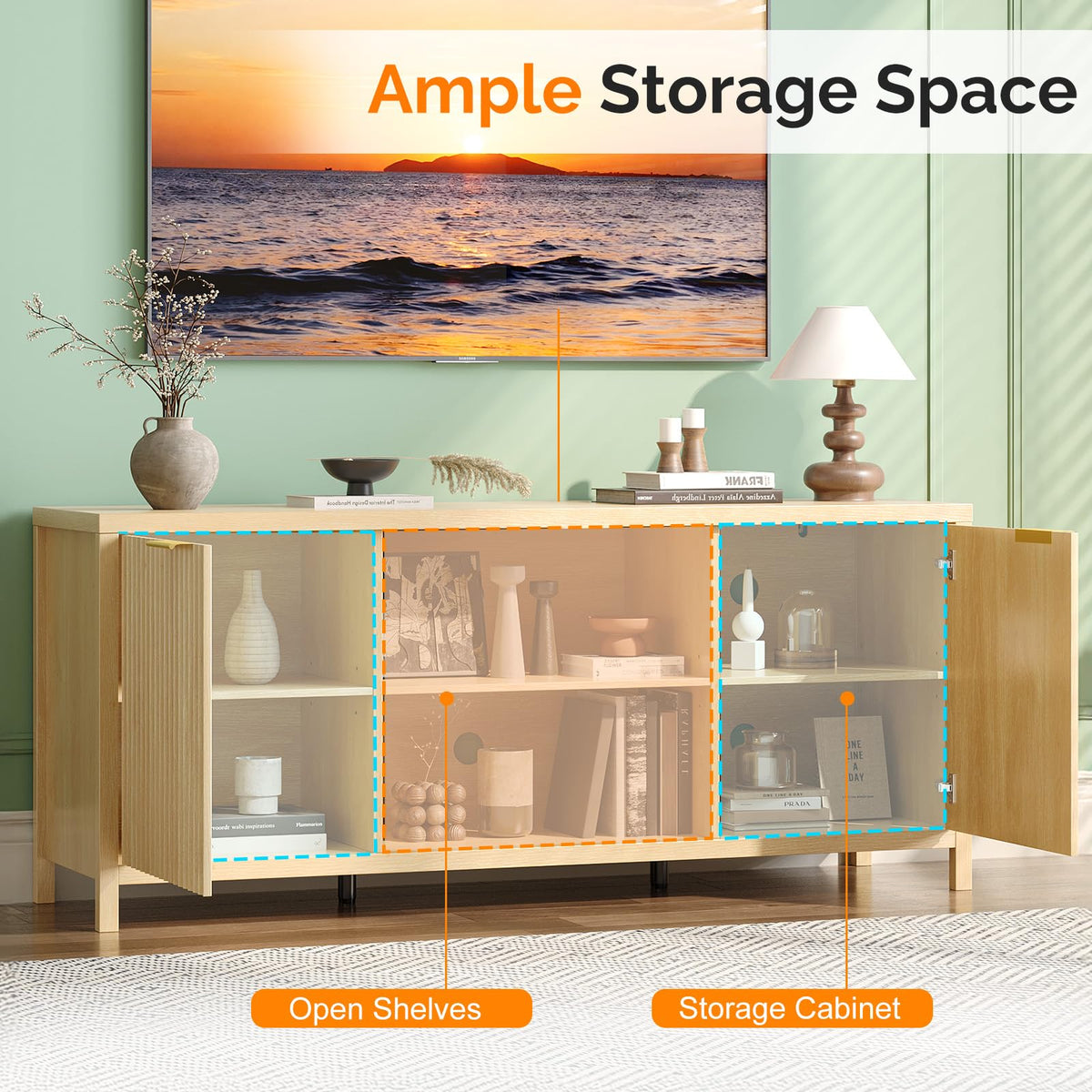 57.8" Oak TV Stand for 70 Inch TV with Adjustable Shelves and Cabinet Storage E437