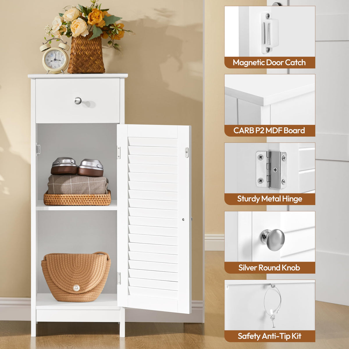 White Bathroom Storage Cabinet with Drawer L1350
