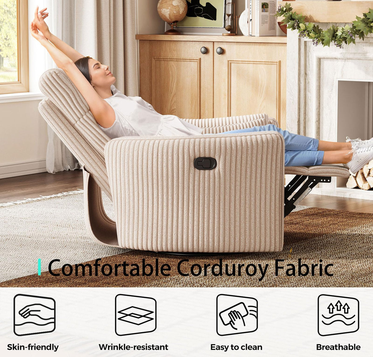 360 Swivel Recliner Chair with 2 Pillows Beige Corduroy N149