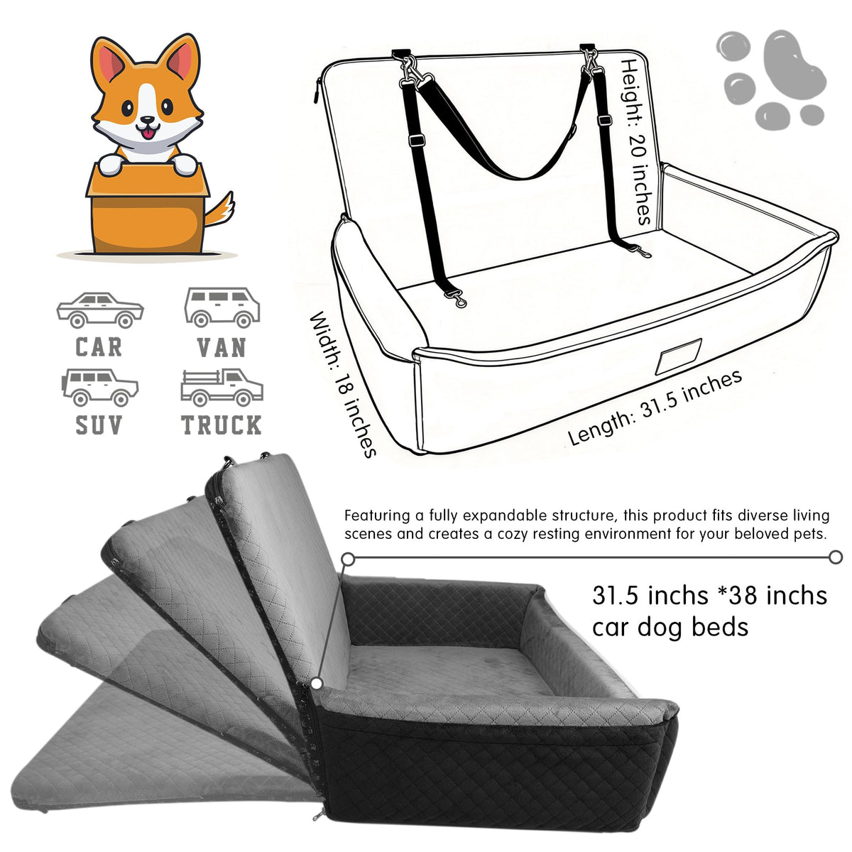 Large Dog Car Seat Portable Travel Dog Bed Velvet Memory Foam B778