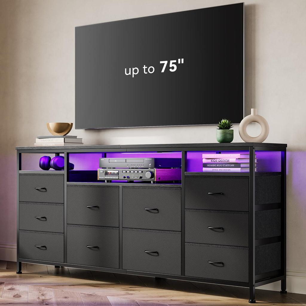 Black 10 Fabric Drawer Dresser with LED Lights & Power Outlets Q596