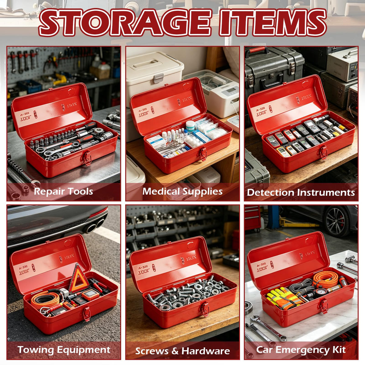 14 Inch Red Metal Tool Box with Latch and Handle Y223