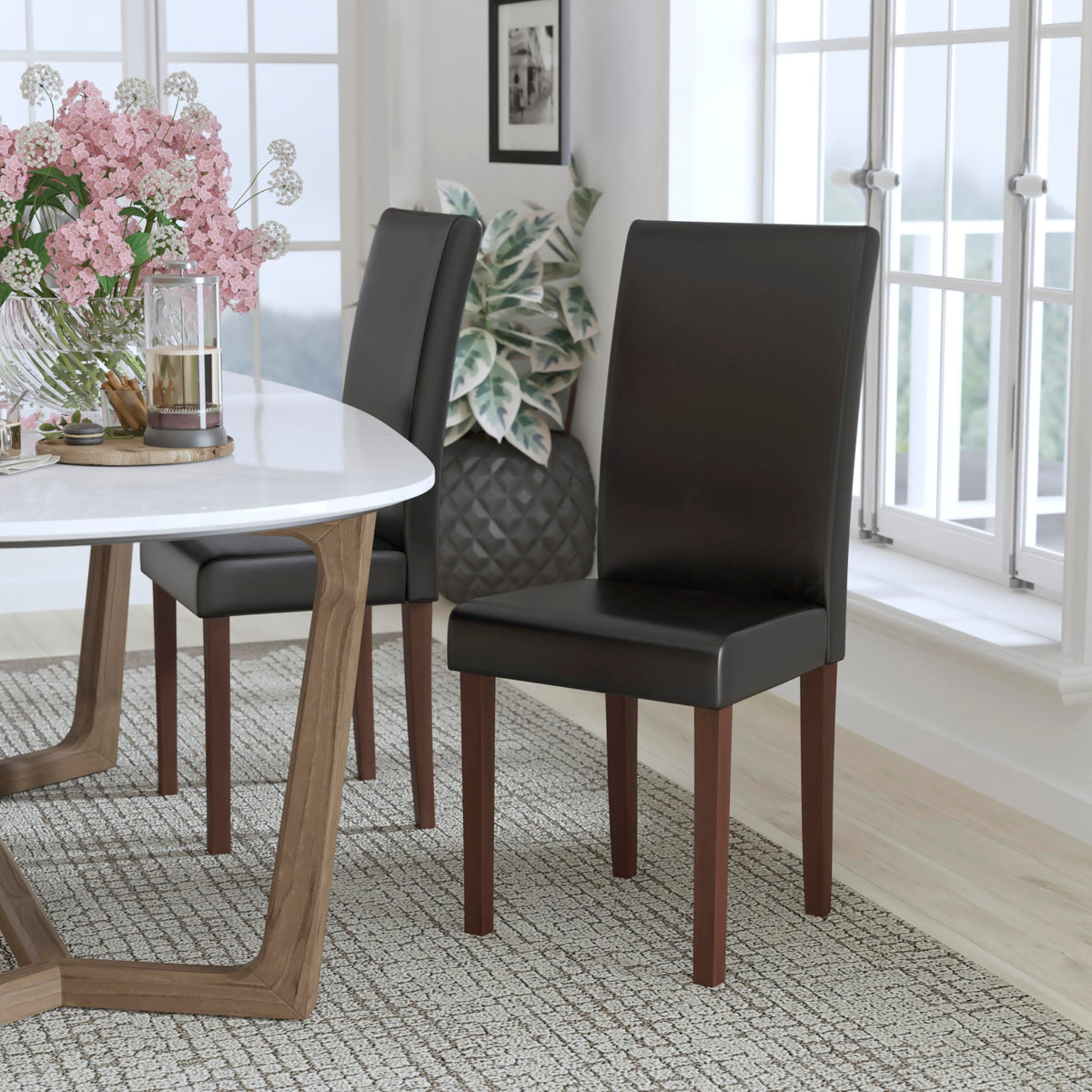 Black LeatherSoft Parsons Chair with Mahogany Legs Q20763