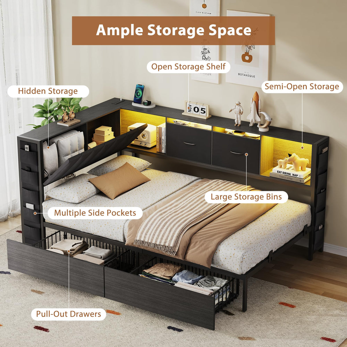 Twin Corner Bed Frame with Upholstered Storage Headboard and Drawers, LED Light and Charging Station, Black I531