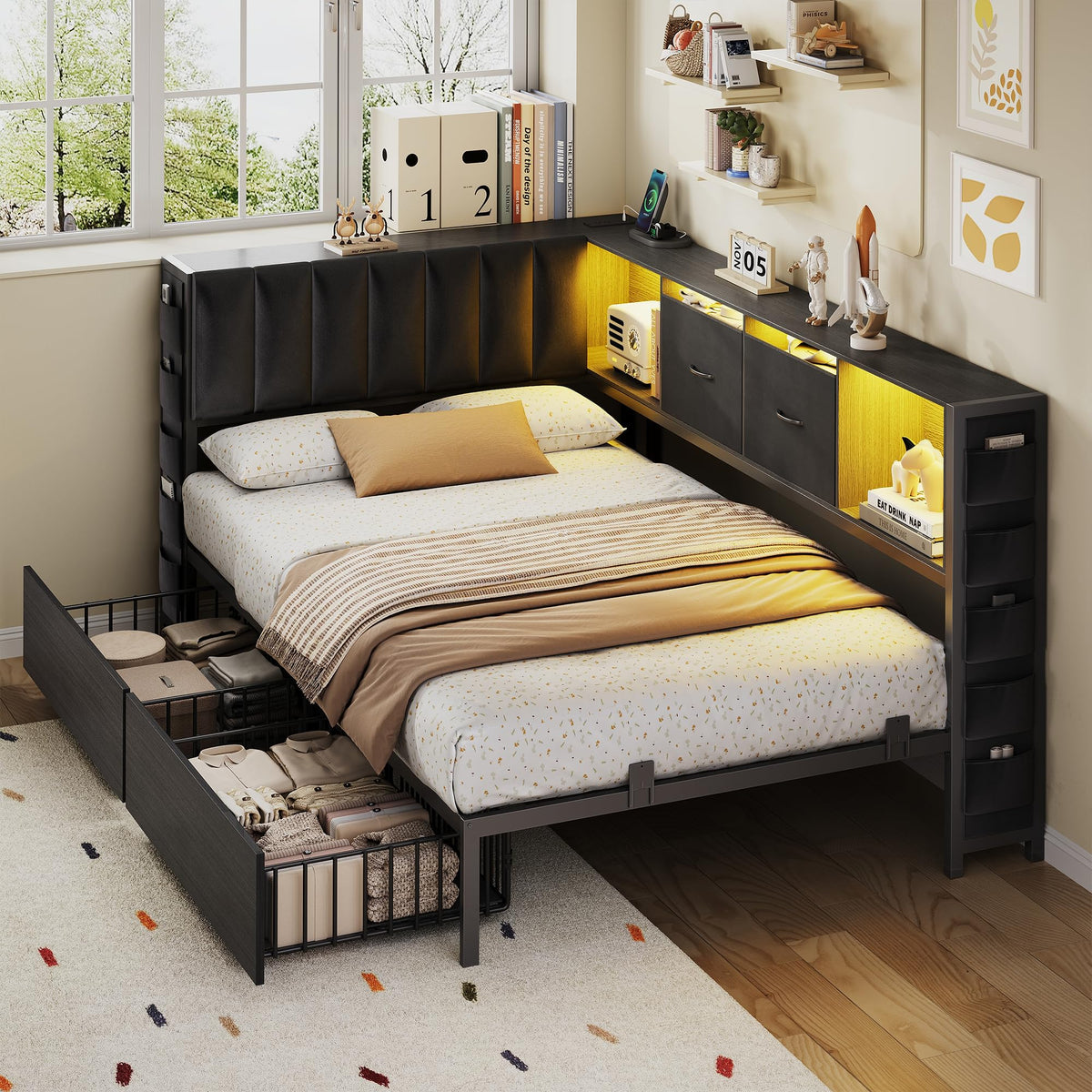 Twin Corner Bed Frame with Upholstered Storage Headboard and Drawers, LED Light and Charging Station, Black I531