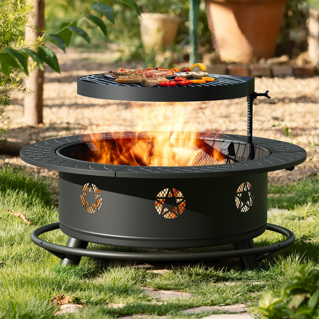 35 Inch Wood Burning Fire Pit with BBQ Grill V29681