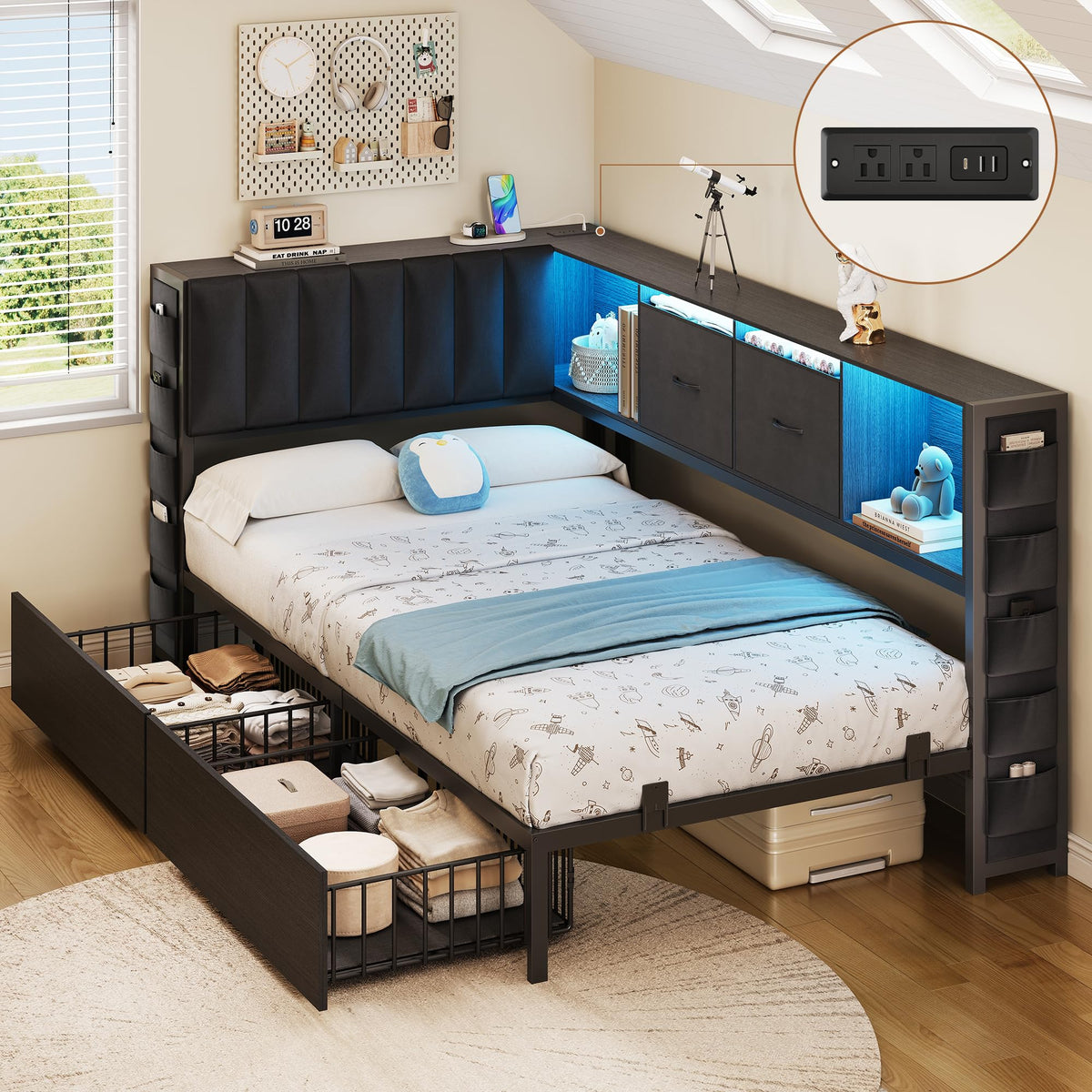Twin Corner Bed Frame with Upholstered Storage Headboard and Drawers, LED Light and Charging Station, Black I531