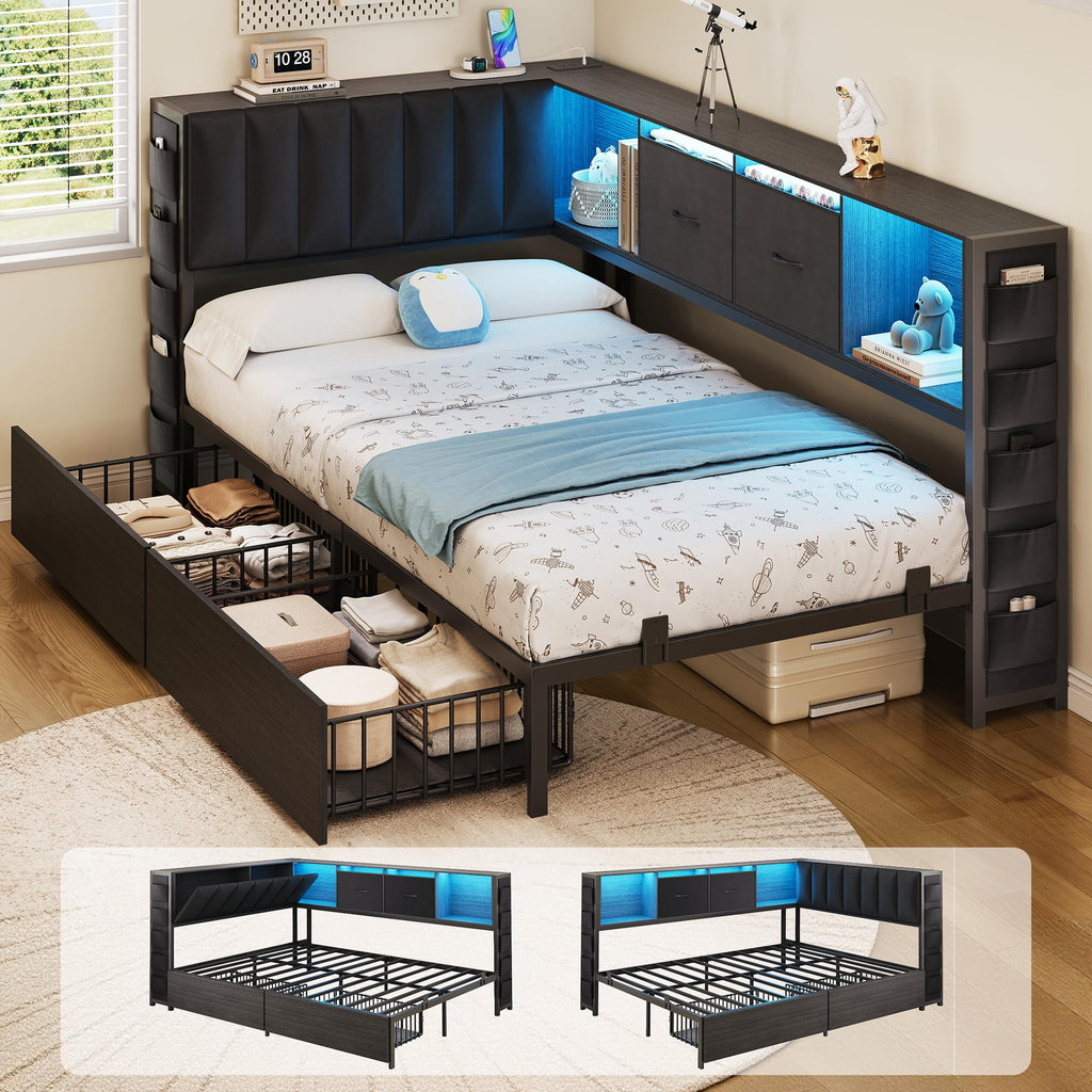 Twin Corner Bed Frame with Upholstered Storage Headboard and Drawers, LED Light and Charging Station, Black I531