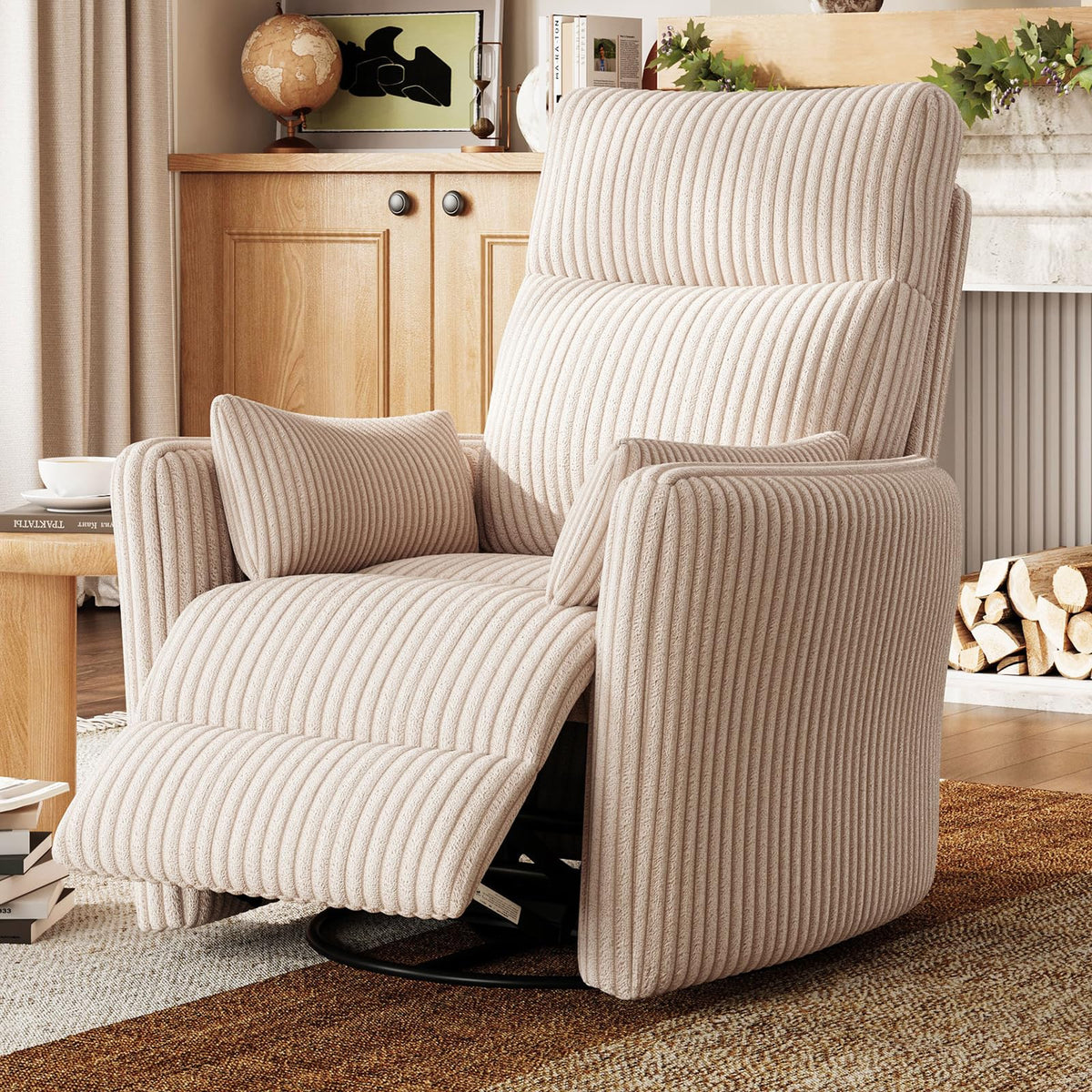 360 Swivel Recliner Chair with 2 Pillows Beige Corduroy N149