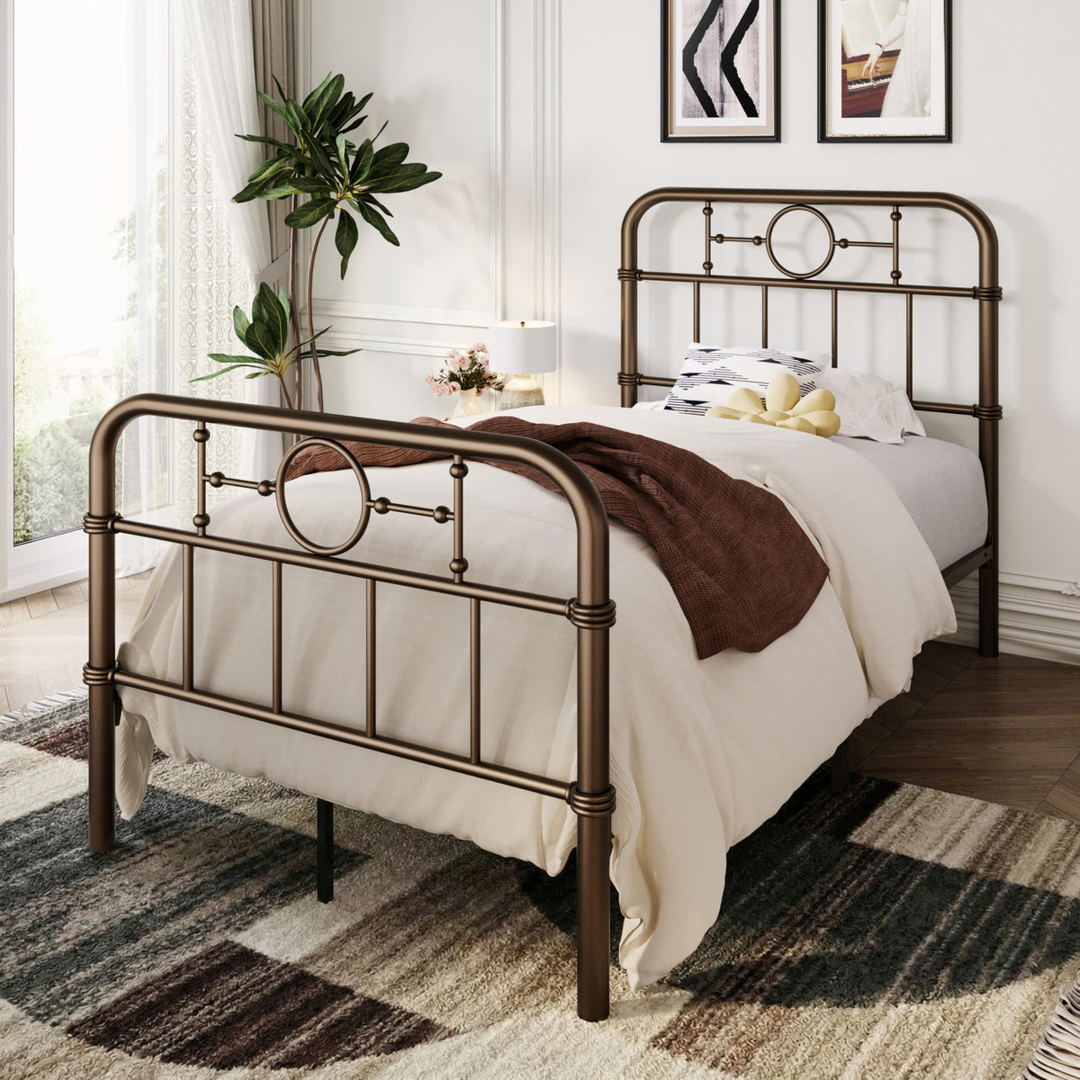 Twin Metal Platform Bed Frame with Vintage Headboard E8999
